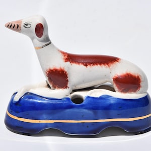 Charming Antique Staffordshire Whippet / Greyhound Inkwell or Quill Holder