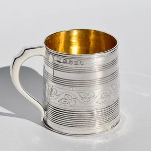 George III Sterling Silver Tankard/Mug by Thomas Johnson, London  - Barrel Shape, Ribbed with Chased Foliage, Christening Cup, Unmonogrammed