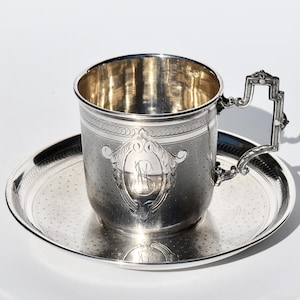 Magnificent Antique French 950 Silver Tea Cup & Saucer - Claude Doutre Roussel - Minerva Hallmark