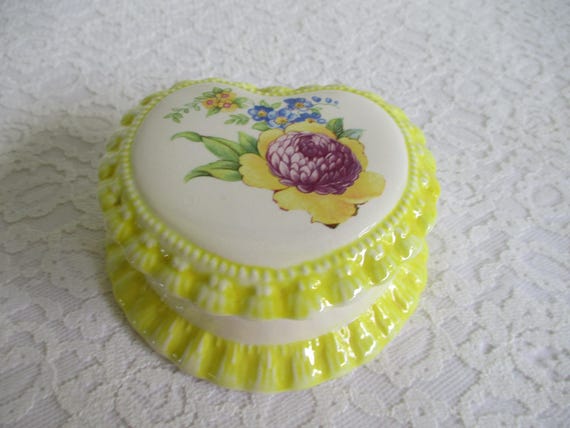 Vintage Ceramic Yellow Heart Shaped Trinket Box Creations by Lady Sarah's Ceramics