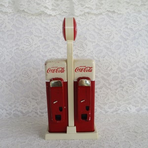 Vintage Coca Cola Salt and Pepper Shakers with Gas Station Stand