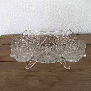 Vintage Three Footed Glass Bowl with Etched Vines