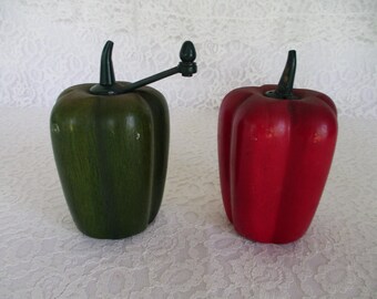 Vintage Wooden Green and Red Pepper Salt and Pepper Shakers