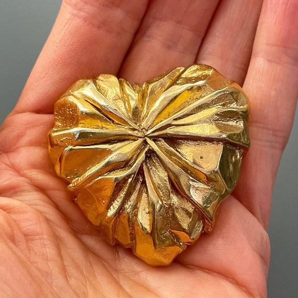 Jacky de G. 1980's- Embossed draped heart brooch- Golden metallic resin- Made in France- Signed on the back- Collector!
