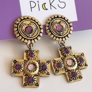 Jacky de G Paris 1980&#39;s- Golden hanging cross clip earrings adorned with purple and parma crystals- Signed- Unique!