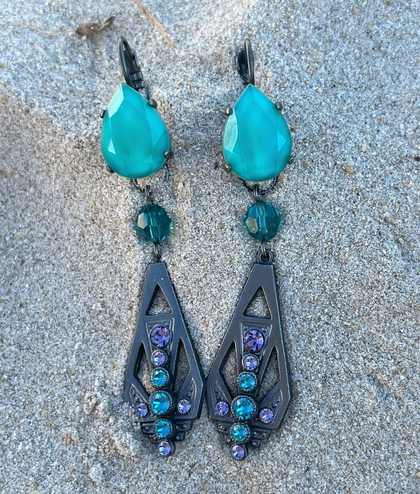 Boucles D'oreilles Dormeuses Ou Clips - Cristal Turquoise Verre Lampwork - Métal Argenté - Neuf Avec étiquettes
