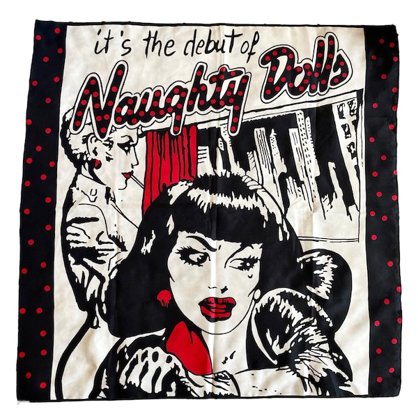 1990's- Foulard carré Naughty girls- Style Pin-up/ Bettie Page dans une harmonie noir, blanc et rouge (67 x 66 cm)- Non signé