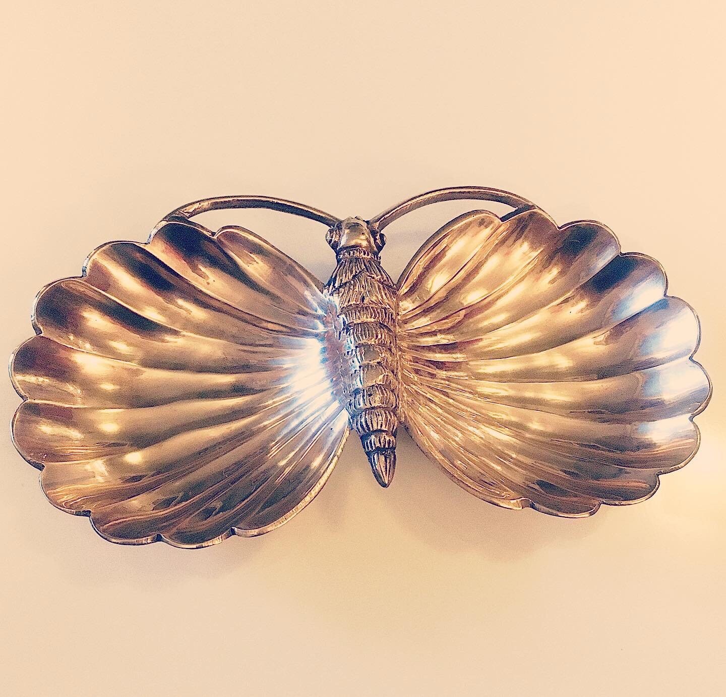 1990's Grand Double Vide Poche, Coupe, Présentoir, Cendrier Papillon en Laiton Argenté - On L'utilis