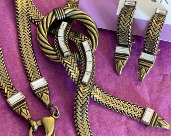 Ermani Bulatti- Set necklace long necklace and half-rings Art Deco-inspired clips- Flat herringbone chain and baguette-cut crystals- Signed