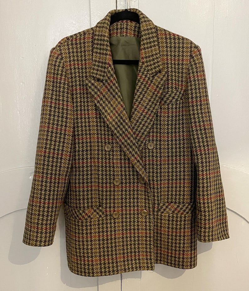 1980's Veste blazer croisée en laine motif pied de poule coloris kaki/ beige rehaussé de touches de violet/ moutarde/ rouge Chic image 3