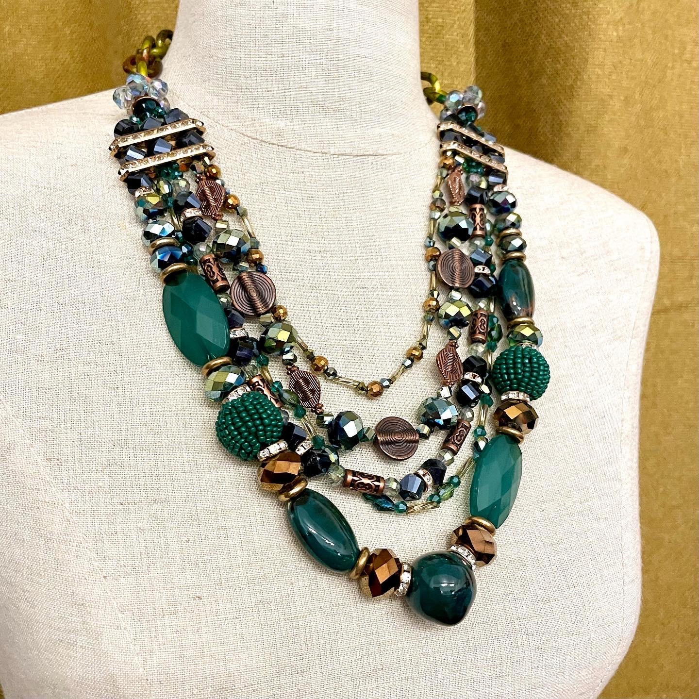 Collier Ancien 2 Rangs Perles Verre Vert Bohême - Vintage Necklace Rétro