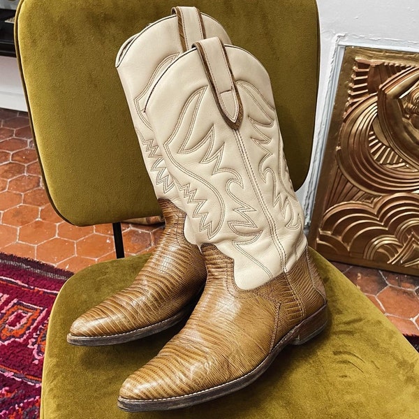 Jaren 80- Echte Amerikaanse cowboylaarzen in bruin/beige leer- Voor een country chic stijl! Maat 41 FR/ 9 US/ 7,5 UK/ 26,3 cm - Uniseks!