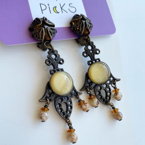 JL Blin Paris 1990's - Brass Ear Clips, Orange Crystal