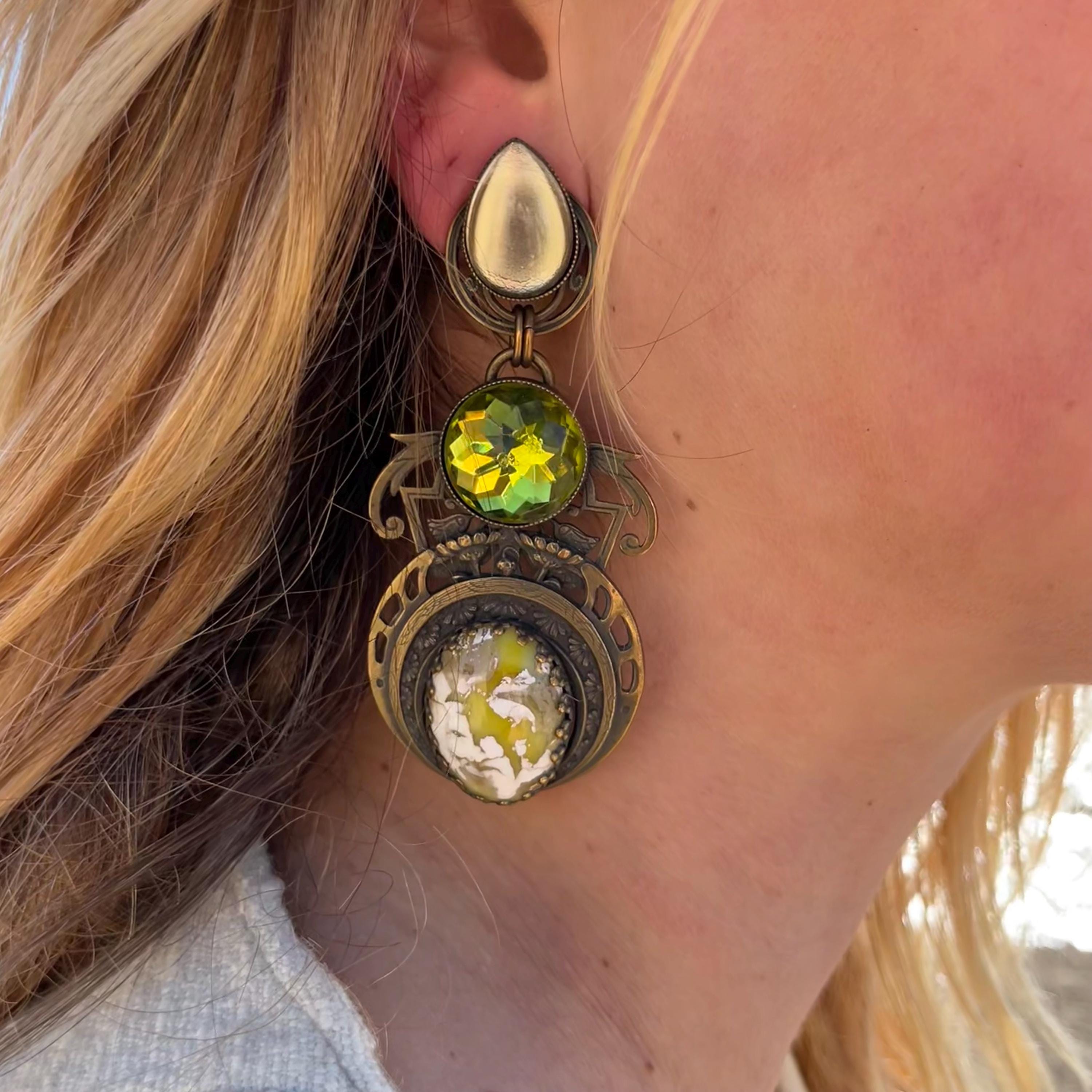 Boucles D'oreilles Vintage JL Blin - Résine Aspect Marbre - Plaqué Or 24 Carats - Occasion
