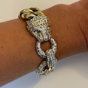 Vogue Bijoux 1980's - Splendid and imposing gold-plated curb chain bracelet with crystal-paved panther head clasp - Signed