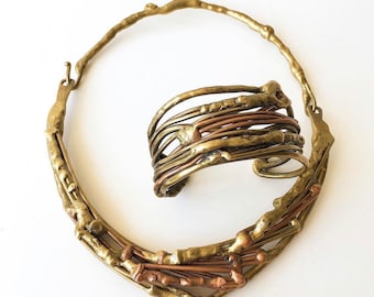 1970's- Sculptural bronze and copper ornament - Torque necklace and brutalist style cuff bracelet - Unique handicrafts