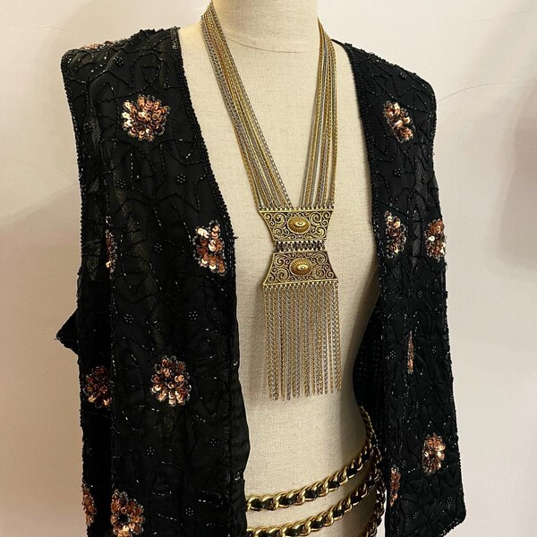 1970's- Collier sautoir style bohème/ orientaliste à franges de chaînettes dorées et argentées