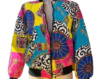 Gottex 1980's- Chaqueta bomber acolchada con patrones abundantes y coloridos, Funky/ Streetwear- Unisex (talla M)