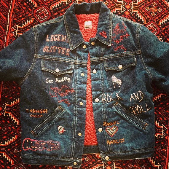 Red fur shop denim jacket