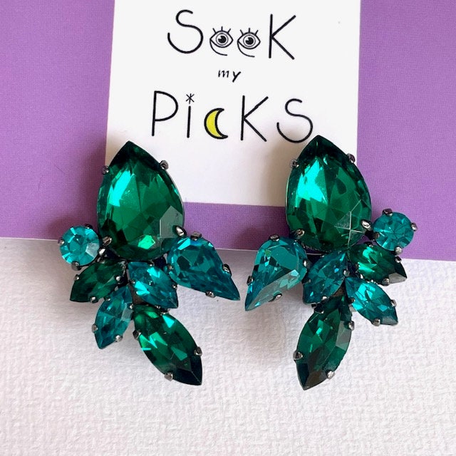 Boucles D'oreilles à Clips - Émaux Bleus Et Vert émeraude - Occasion - Style Vintage