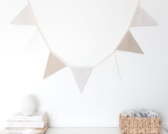 Neutral Beige Taupe Cream Stripe Fabric Bunting Garland Banner - Bedroom/Nursery/Party/Photoshoot Decor