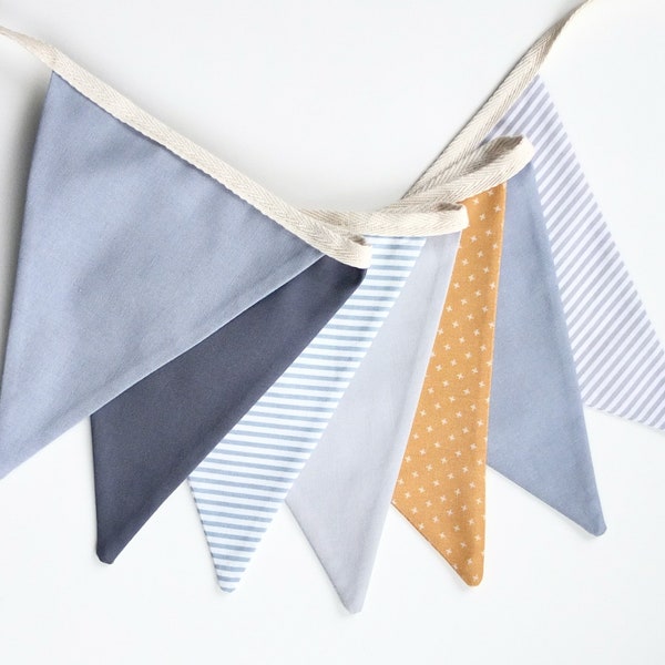 Blue Grey Stripe Fabric Bunting Garland Banner - Bedroom/Nursery/Party/Photoshoot Decor