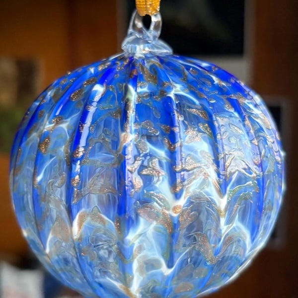 Hand Blown Ornament - Bright Blue, White & Gold