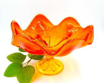 Mid Century Orange Pedestal Bowl, Viking 60's, 7" Amberina 6 Petal Glass Dish