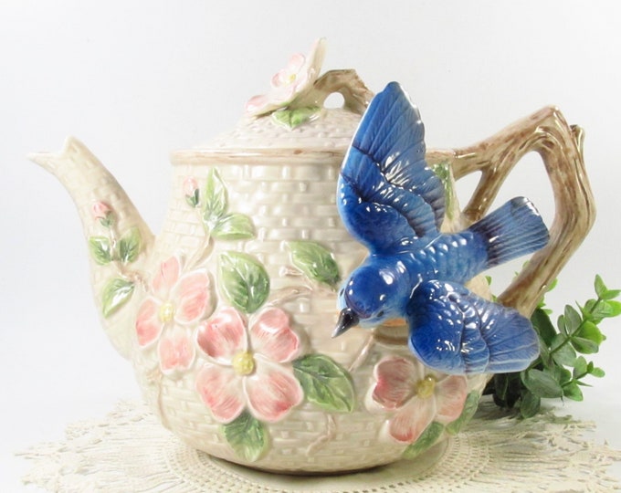 Vintage Bluebird Teapot Pink Dogwood Flowers Fitz and Floyd Etsy