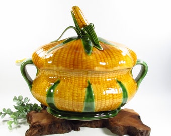 Vintage Corn Themed Soup Tureen, Majolica Soup Pot, Portugal #508, Farmhouse Decor