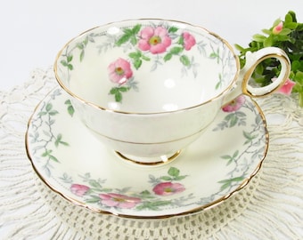 Vintage Pink Wild Roses Tea Cup and Saucer, Delphine Bone China, #5052 Made in England