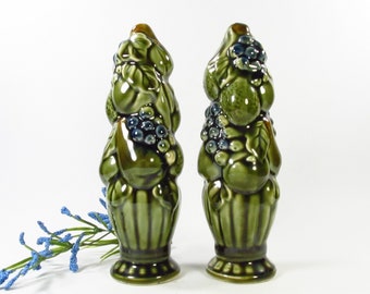 7" Tall Vintage Salt and Pepper Shakers, Green Fruit Baskets, Made in Japan