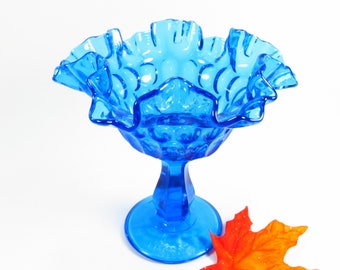 Vintage Blue Fenton Thumbprint Compote Candy Dish, Ruffled Pedestal Bowl