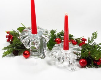 Vintage Blenko Icy Glass Candleholder, Ice Floe Set of 2 Clear Candlesticks