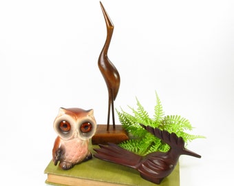 Mid Century Birds, Wood Crane, Ironwood Roadrunner, Ceramic Owl Figurine, Set of 3