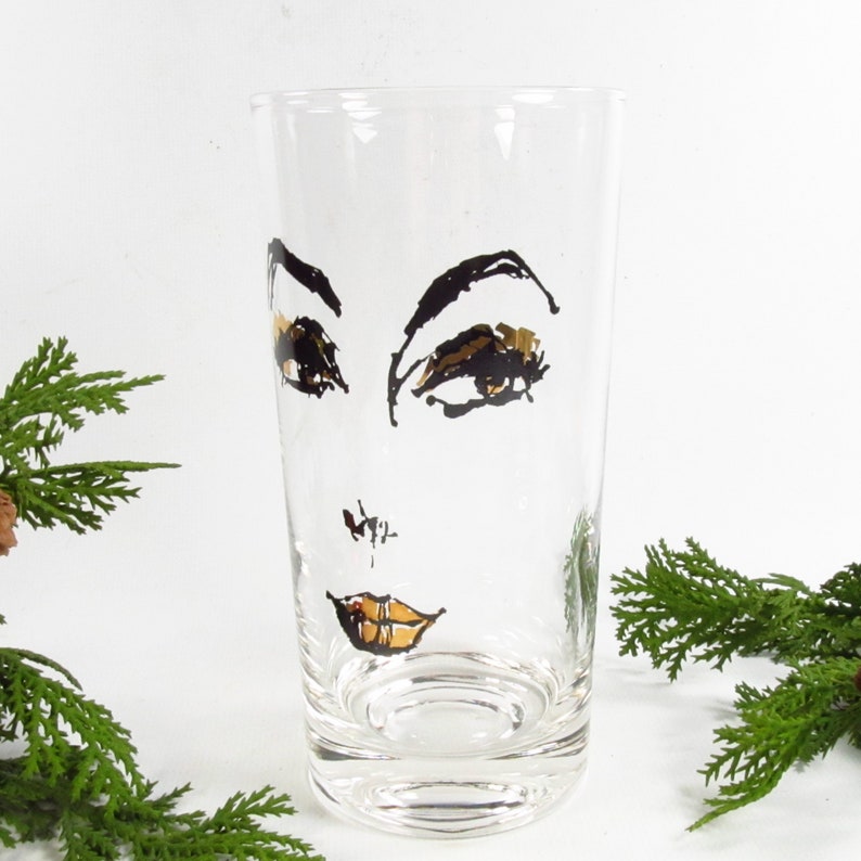 Rare Mid Century Barware Highball Glasses, Women's Face Design 22K Gold, Set of 4 image 5