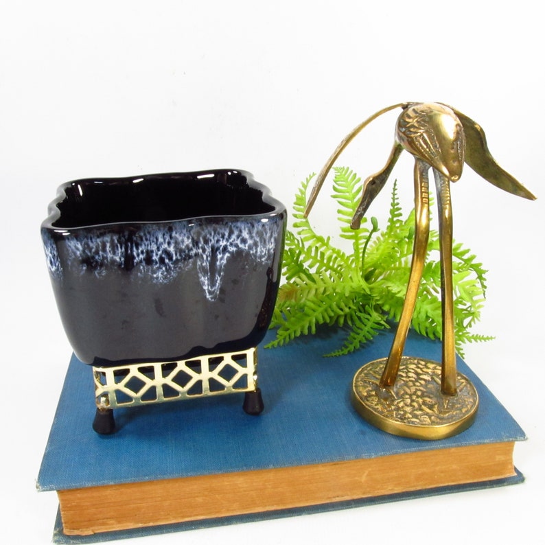 Vintage Small Black Planter with Metal Stand, Brass Crane Figurine image 4