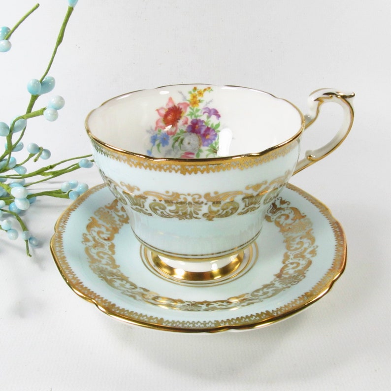 Vintage Paragon Teacup and Saucer, A183-1, Gold Scrolls Light Blue, Wild Flowers image 1
