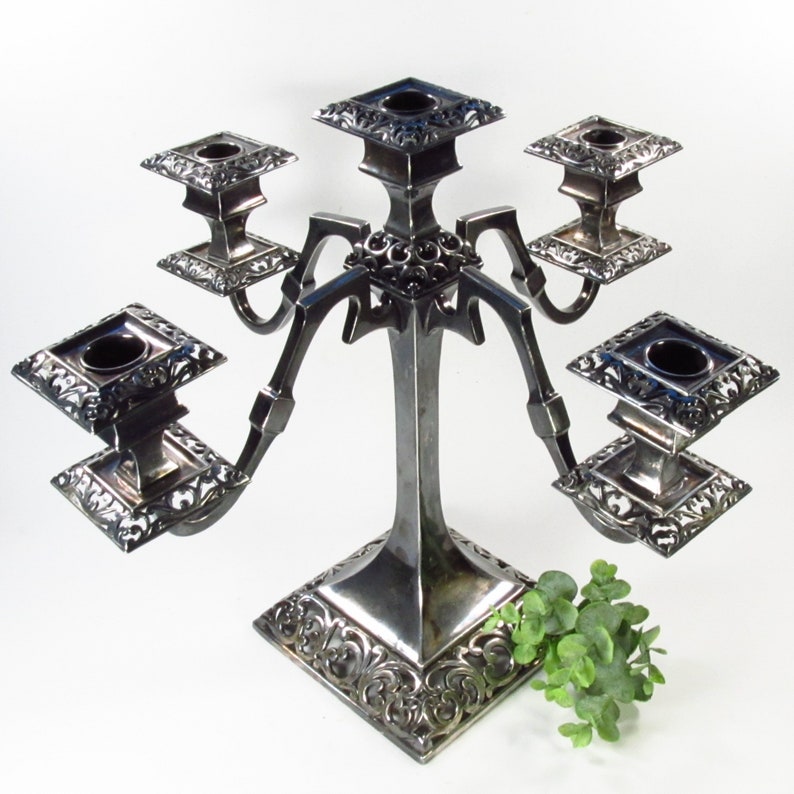 Antique Candelabra, Silver Plated Four Arm Candle Holder, Forbes Silver Co. 122, Wedding Centerpiece image 3