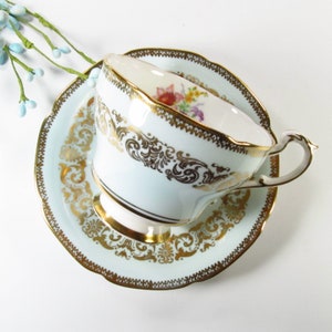 Vintage Paragon Teacup and Saucer, A183-1, Gold Scrolls Light Blue, Wild Flowers image 3