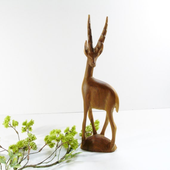 Vintage Wood Gazelle Figurine Hand Carved 12 Antelope