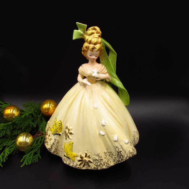 Vintage Sweet Sixteen Josef Originals Girl Figurine, He Loves Me, Yellow Dress, Made in Japan image 1