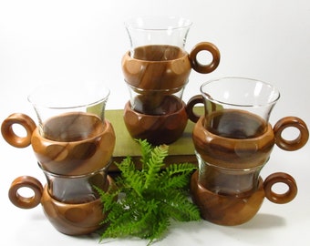 Vintage Wood Coffee Mugs, Glass Insert, Set of 6 Coffee Cups