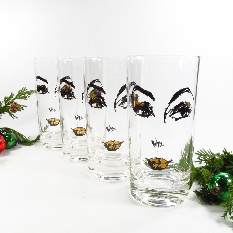 Rare Mid Century Barware Highball Glasses, Women's Face Design 22K Gold, Set of 4 image 1