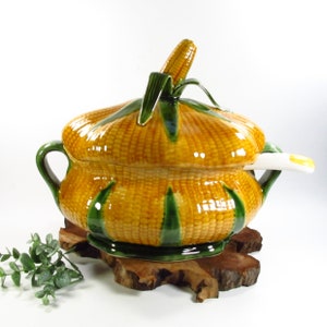 Vintage Corn Themed Soup Tureen, Majolica Soup Pot, Portugal 508, Farmhouse Decor image 3