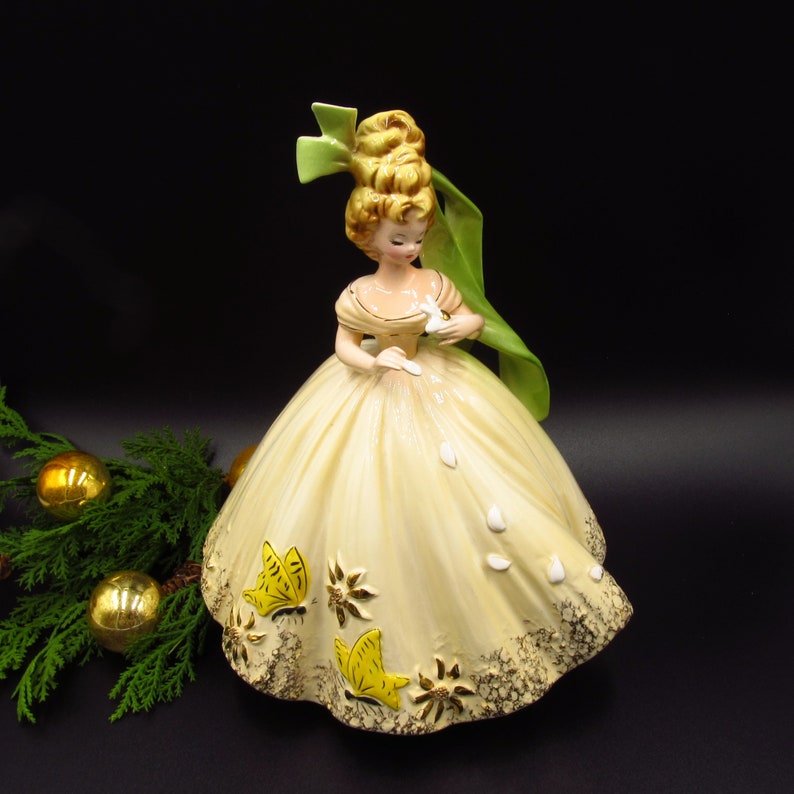 Vintage Sweet Sixteen Josef Originals Girl Figurine, He Loves Me, Yellow Dress, Made in Japan image 3