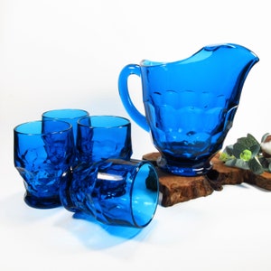 Vintage Viking Bluenique Pitcher and 4 Glass Set, Georgian Pattern, Peacock Blue or Teal Blue, Barware, Iced Tea Set image 1