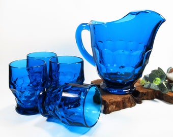 Vintage Viking Bluenique Pitcher and 4 Glass Set, Georgian Pattern, Peacock Blue or Teal Blue, Barware, Iced Tea Set