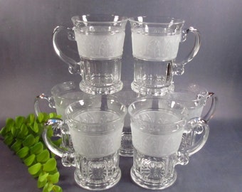 Vintage Glass Mugs, Athens Frosted Pattern, Set of 7, Barware