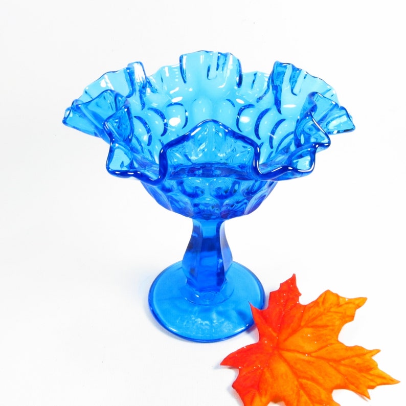 Vintage Blue Fenton Thumbprint Compote Candy Dish, Ruffled Pedestal Bowl image 1